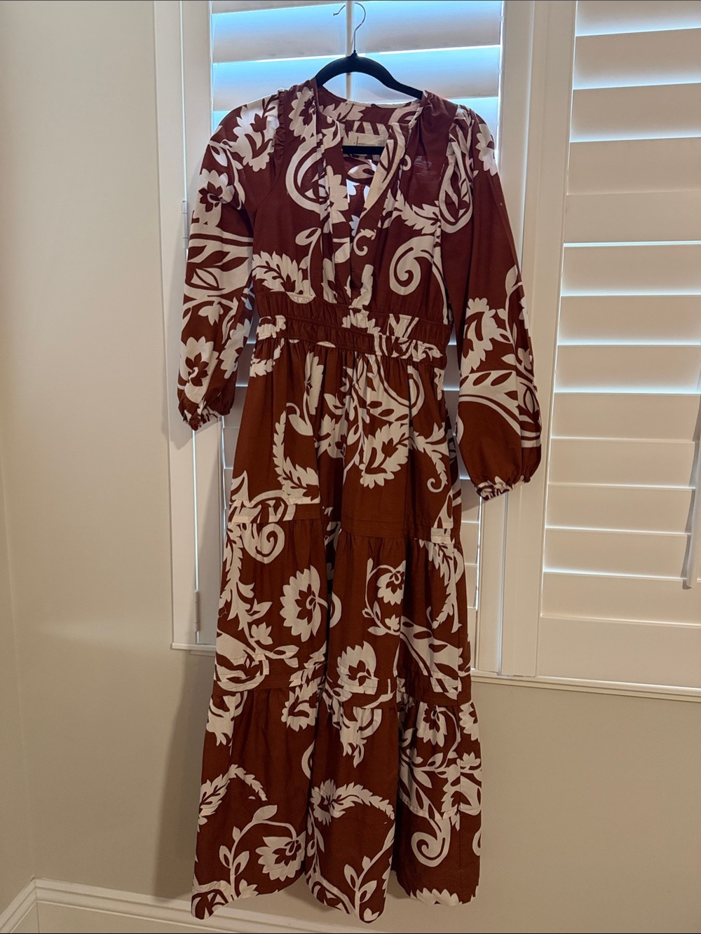 Anthropologie Brown and White Floral Tiered Maxi Dress